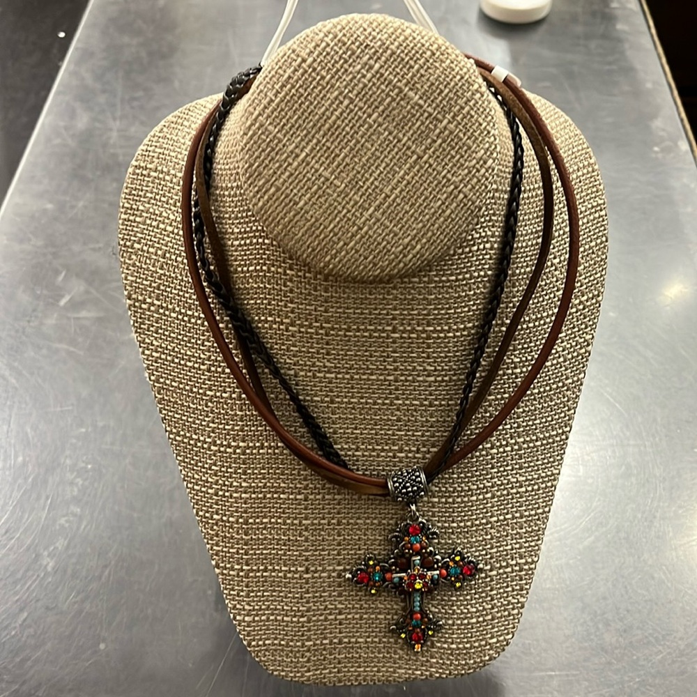 16 inch FAITH  jewelry necklace. Brown leather.